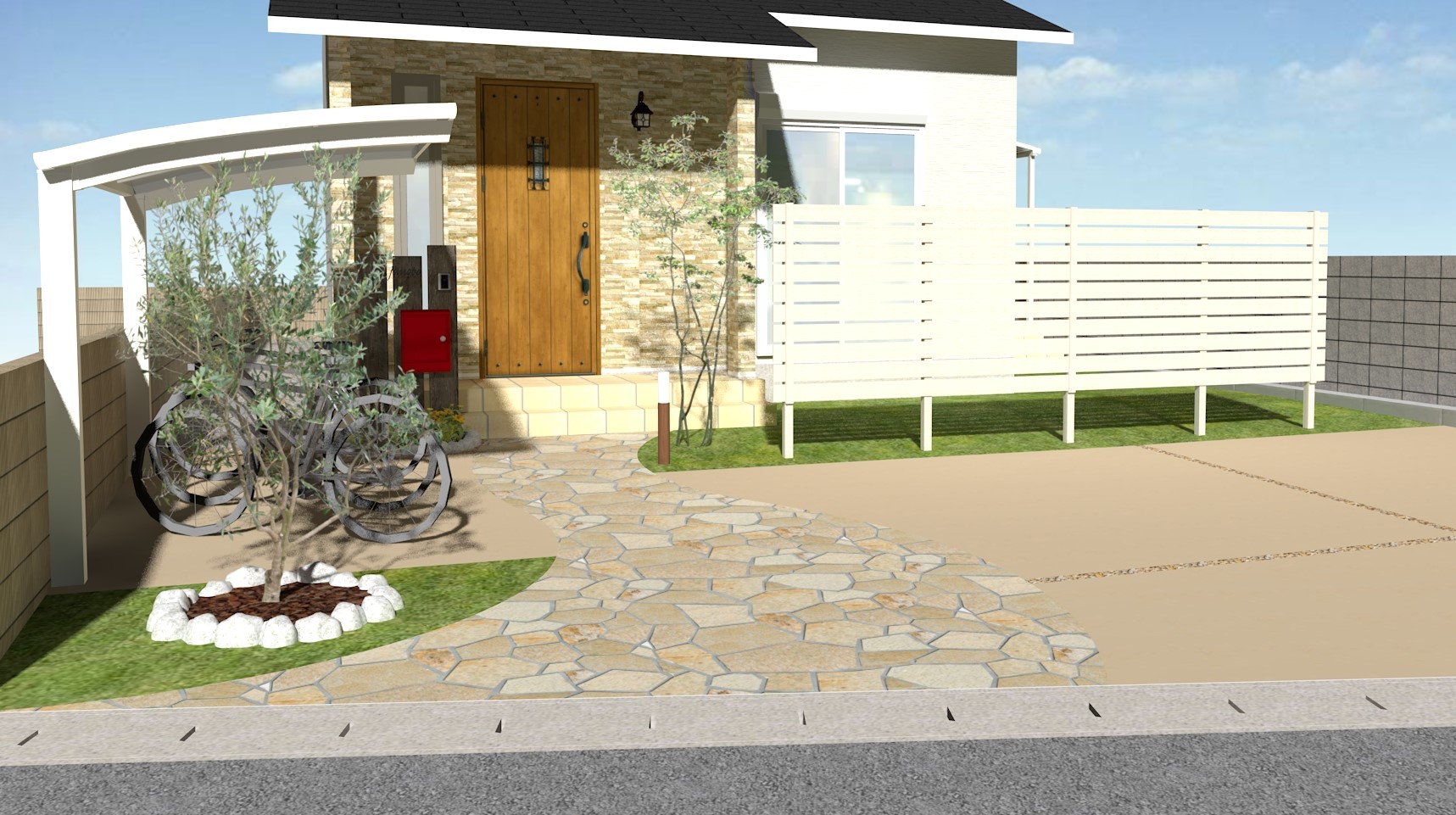 奥行き感のある流れる様な自然石アプローチ　加古川市F様邸イメージパース