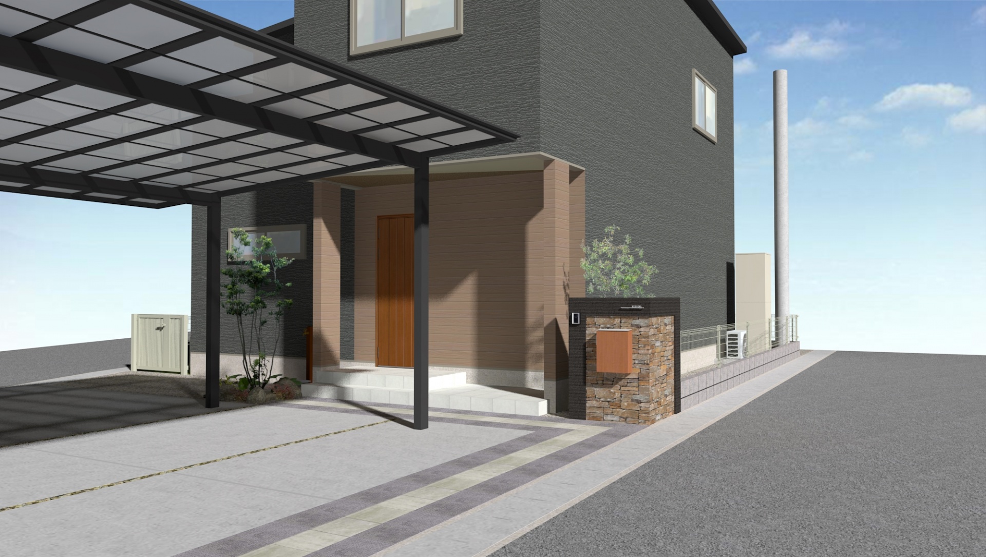 建物と調和した石張り門柱　たつの市N様邸イメージパース