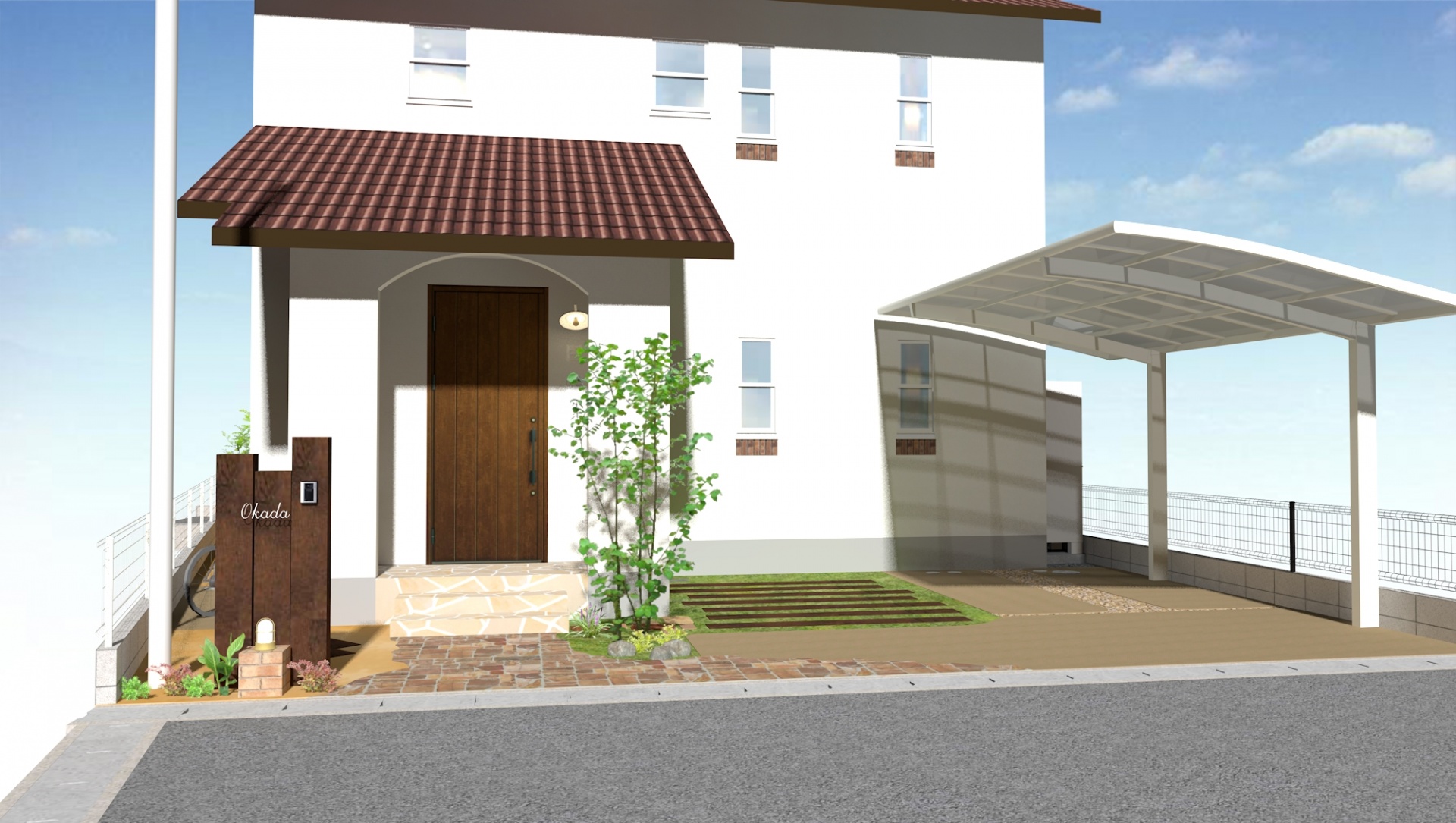 枕木とアンティークレンガのナチュラルなお庭　姫路市O様邸イメージパース