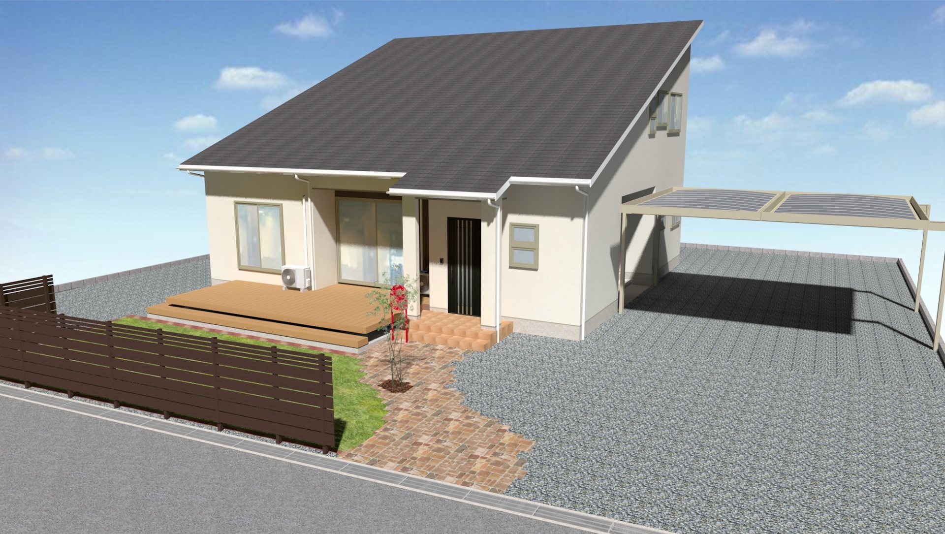 ウッドデッキに出て気持ち良く過ごすお庭　相生市T様邸イメージパース