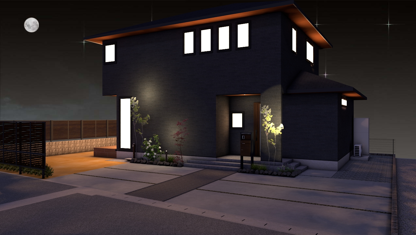 姫路市新築外構工事　Y様邸エクステリア　夜イメージパース