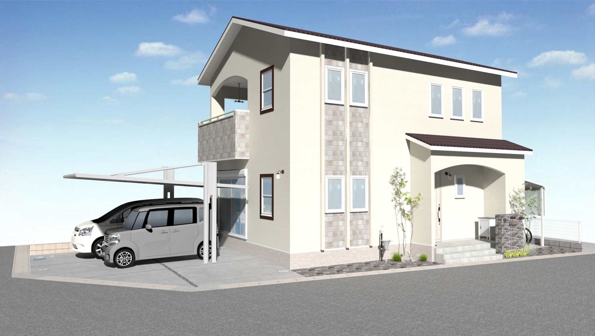 ヴィンテージレンガ門柱とおしゃれ宅配ボックス　たつの市O様邸イメージパース