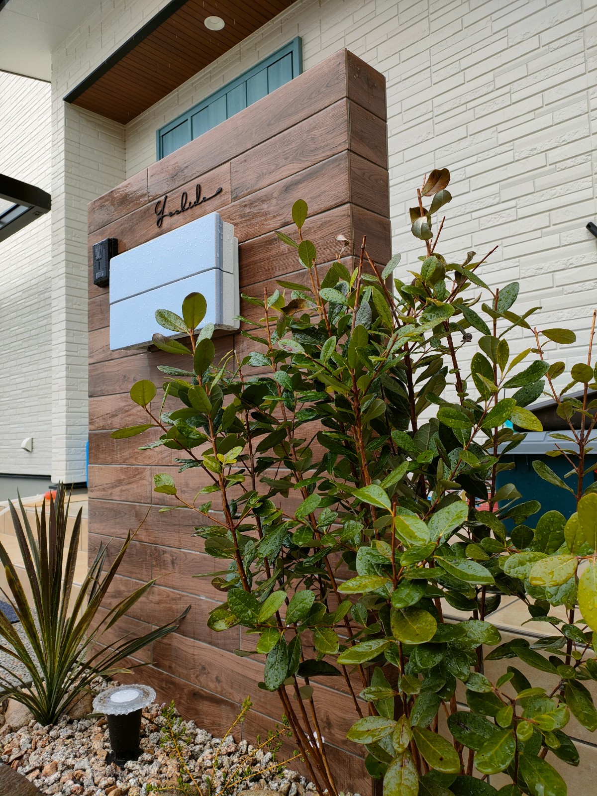 木目調タイル門柱　相生市Y様邸門回りフェイジョア