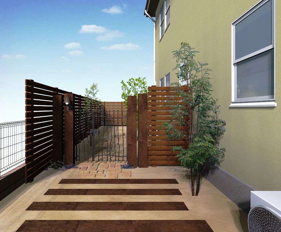 ナナカマド　ソヨゴ雑木の庭小道周りイメージパース