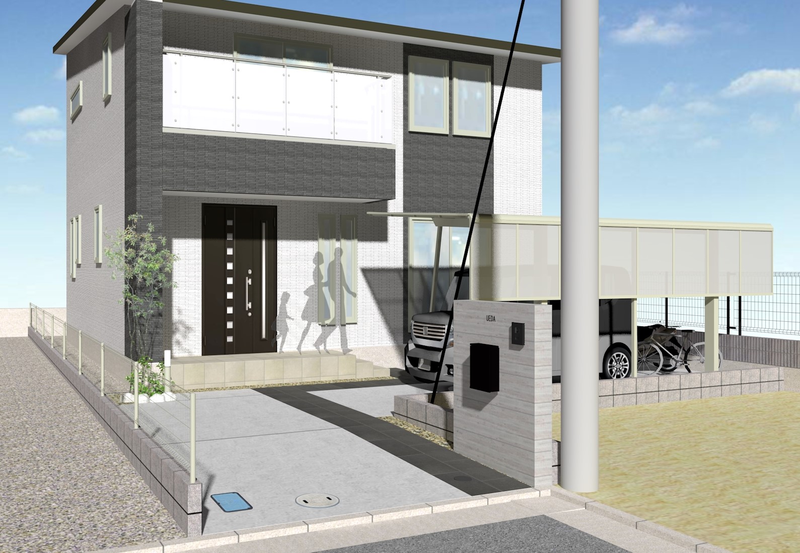 シンプルモダン｜RC杉板風タイルで迫力ある門回り　加古川市U様邸イメージパース