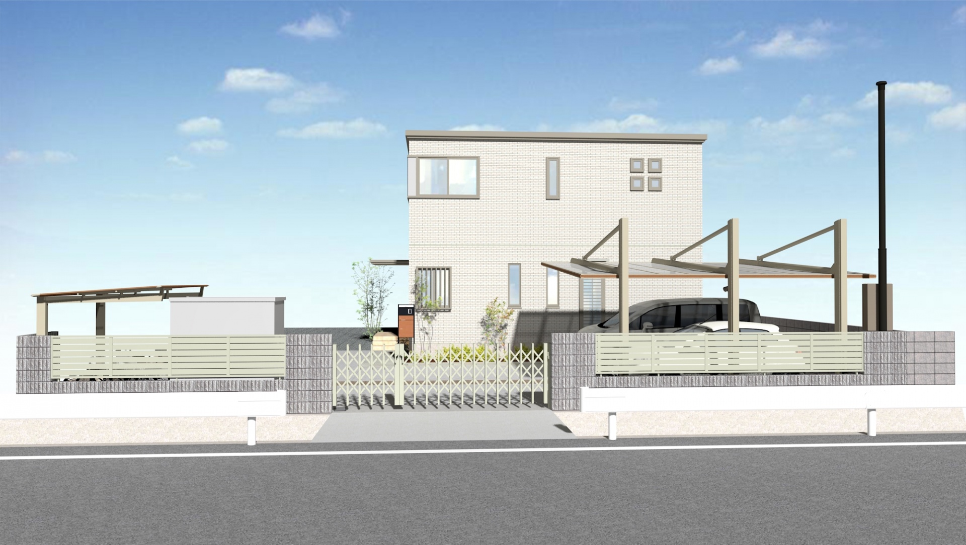 モダン住宅外観に強いインパクトをあたえるシンプルカーポート　姫路市T様邸イメージパース